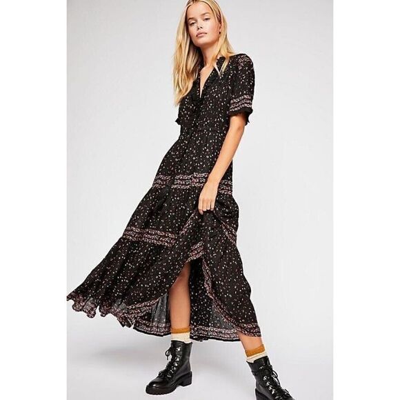 NWT FREE PEOPLE Sz XS RARE FEELINGS MAXI DRESS BLACK COMBO - Picture 4 of 5